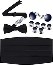 [S.H. Churchill & Co.] Elegant Men's 100% Silk Pre-Tied Bow Tie, Cummerbund, Cufflinks & Studs Set for Tuxedo, Weddings, and Formal Events - Luxury Gift Box, Black, One Size