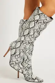 White Animal Print Heeled Knee Boots with Snake Print - Size 9, Women's Shoes
