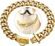 Gold Dog Chain Collar Metal Choke Collar with Design Secure Buckle, Chew Resistant, Heavy Duty Stainless Steel Walking Training Chain Leash Collar (gold A, 16inch)