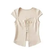 Short Sleeve Square-Neck Plain Lace-Up Crop Top Almond - L