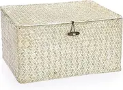 Hipiwe Wicker Shelf Baskets Bin with Lid, Large Natural Seagrass Basket Storage Bins Handwoven Rectangular Household Boxes for Wardrobe Home Organizer and Decor, Whitewash (USSN2023038EL)
