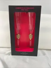 CHRISTIAN SIRIANO SET OF 2 GOLD RIM & CRYSTALS,CLEAR CHAMPAGNE FLUTE STEM GLASS