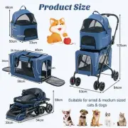 Foldable Double Pet Stroller with Detachable Carriers for Dogs and Cats, Blue