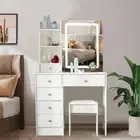 Makeup Vanity Desk Sliding Mirror and Lights Dressing Table with 6 Drawer Stool
