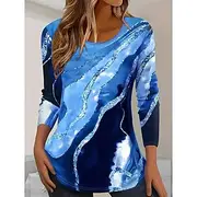 Women's T Shirt Ombre Marble Elegant Vintage Fashion Long Sleeve Crew Neck Regular Tops Daily Going out Weekend Print Blue Summer Spring