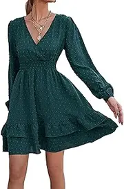 [Generic] Women's A-Line Belted Ruffle Hem Dress V-Neck Chiffon Jacquard Dress Long Sleeve Cocktail Dresses
