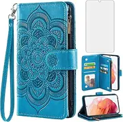 [Asuwish] Compatible with Samsung Galaxy S21 Glaxay S 21 5G 6.2 inch Wallet Case and Tempered Glass Screen Protector Flower Leather Flip Card Holder Cell Phone Cover for Gaxaly 21S G5 Women Men Blue