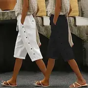 Women's Chinos Crop Ethnic Style Basic Casual Knee Length High Waist Plain Pocket Comfy Soft Comfortable Micro-elastic Outdoor Street Black White Summer Regula