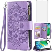 Asuwish Compatible with Samsung Galaxy S21 FE Gaxaly S 21 FE 5G Wallet Case and Tempered Glass Screen Protector Leather Flip Card Holder Cell Phone Cover for Glaxay S21FE5G UW S21FE 21S G5 Men Purple