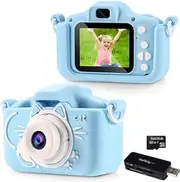 Power Box Kids Digital Camera Pink/Blue Cat Design 1080P Hd Lens, Children Digital Cameras with 32Gb Sd Card and USB Card Reader (Blue)
