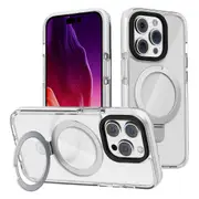 For iPhone 15 Pro TPU+Acrylic Transparent Phone Case Metal Ring Kickstand Cover Compatible