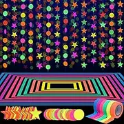 39m Neon Party Supplies Set, 6 Colours 30m UV Blacklight Reactive Tape, 8.8m Neon Paper Garlands Circle Dots Stars Hanging Decorations for Birthday Wedding Glow Party Decorations