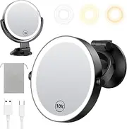 Gospire 7" Wall Mounted Makeup Mirror With Lights and 10X Magnification, 3 Color Lighted Bathroom Mirror With Powerful Locking Suction Cup, Shaving for Men, Led for Desk - Black