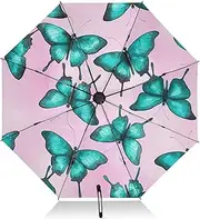 [RPLIFE] Umbrella, Auto Open Close Collapsible Umbrellas for Rain Windproof, Compact Size for Backpacks/Handbags - for Travel, Turquoise Butterflies Pink