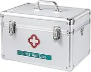Medication Lock Box with Key, 12.2'' First Aid Medicine Storage Box, 2 Layer Portable Aluminum Alloy Frame Medicine Storage Box, Household Medicine Storage Box, Medication Organizer Case with Handle