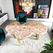 Live Edge Rose Quartz Stone Dining Table, Crystal Healing Hallway Furniture Deco