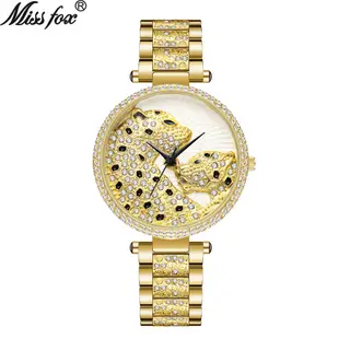 MISS FOX跨境貨源時尚個性鑲鑽豹子女士手錶精美豹紋錶盤石英錶 W9NY