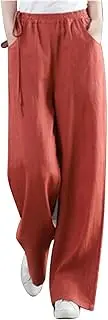 Womens Linen Palazzo Pants Summer Drawstring Elastic Waist Beach Pants Lightweight Relax Fit Wide Leg Trousers Pockets