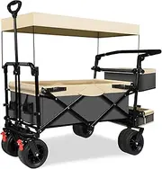 TAIFA Collapsible Foldable Wagon Cart with Removable Canopy, Push Pull Utility Beach Wagon with Big Wheels and Brakes for Sand Shopping Camping Outdoors, Beige1