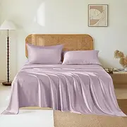 THXSILK Luxury Mulberry Silk Bed Sheets Set - 4pcs Silk Sheets Set 16" Deep Pocket - 1 Flat Sheet, 1 Fitted Sheet, 2 Silk Pillowcases with Zipper Closure - Queen, Light Purple