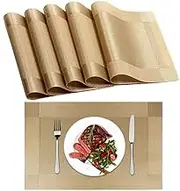 Placemats Set of 6, Placemats Place Mats for Kitchen Dining Table, Heat-Resistant Anti-Skid Stain Washable PVC Table Mats, Easy to Cleaning Woven Vinyl Dinner Mats,12 x 18 inch (Gold)…