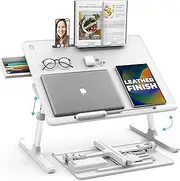 Cooper DeskPRO XL 23.6" Ergonomic Adjustable Laptop Bed Desk, Laptop Bed Table | Tray for Eating, Computer, Writing, Floor, Couch | Large Lap Desk for Adults | Leather, Drawer, Book Stand (White)