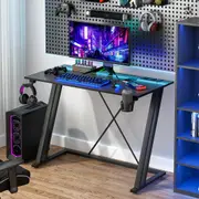 Advwin 100cm Gaming Desk Built-in LED Lights & Power Outlets Carbon Fiber Surface Computer Desk with Cup Holder & Headphone Hook Black
