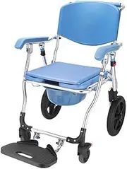 4 in 1 Multifunctional Portable Aluminum Bidet Shower Chair Folding Commode Bath Chair Wheelchair for Toilet with Wheels & Pedal for Elder Disabled People Pregnant
