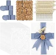 VAIPI 50 Sets Wedding Invitations Wraps Set Include Pre-Folded Vellum Jackets for 5 x 7 Invitations Frayed Fringe Silk Ribbons Wax Seal Stickers Dried Baby's Breath Flowers for DIY Craft