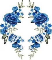 Framendino, 1 Pair Blue Rose Embroidery Patch Beautiful Flowers Embroidered Applique Patches for Clothes