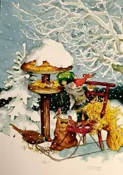 Postcard Art Tomte Gnome Elf Winter Snow Birds Feeder Inge Look Finland