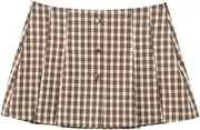 [Generic] Women's Spring Plaid Sleeveless Round Neck Slim Fit Vest Top Button Plaid Mid-Waist A-Line Skirt Pants