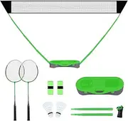 FBSPORT Portable Badminton Net Set with Storage Base, Folding Volleyball Badminton Net with 2 Badminton Rackets 2 Shuttlecocks Griptape 10x5 ft Net, Easy Setup for Beach Backyard Combo Set