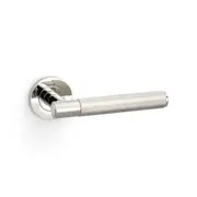 Alexander and Wilks Knurled Spitfire Door Lever on Round Rose Polished NickelPVD