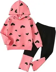 [Ayzozuy] Toddler Kid Girl Clothes Heart Print Hoodie colour-blocked trousers 2PC Outfit Set