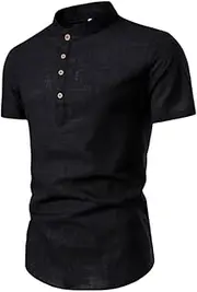 [TONGUC] Spring and Summer New Men's Fashion Slim Fit Solid Short Sleeve Shirt Business Standing Collar Cotton Hemp Half Open Men's Shirt Black