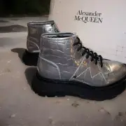 Alexander McQueen Patent Animal Print Combat Boots Silver 39.5 $1050 Retail