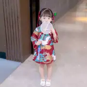Girls Crane Pattern Cheongsam Dress A-line Chinese Style Retro Ethnic Qipao Cute