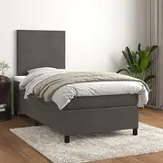 King Single Size Dark Grey Velvet Bed Frame with Pocket Spring Mattress, Box Spring & Headboard 106x203 cm, Slats, Storage, Wooden Bedframe, Floor, Beds