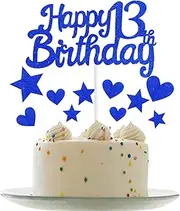 Personalised Happy 13th Birthday Cake Toppers Dark Blue Cake Decorations for Girls Boys 13th Birthday Cake Cupcake Topper, Glitter Cakes Decoration for 13 Birthday Anniversary Party Supplies