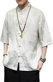 [Generic] Chinese Style Shirt Ice Silk Tang Suit Half-Sleeved Shirt Men's Dragon Print Kung Fu Suit Casual