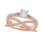 1.0 CT. T.W. Natural Diamond Crossover Bridal Engagement Ring Set in Solid 10K Rose Gold