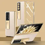 For Honor Magic V2 5g Pu Leather Coated Pc Phone Case Electroplating Hinge Protection Kickstand Cover With Clear Tempered Glass Film Gold
