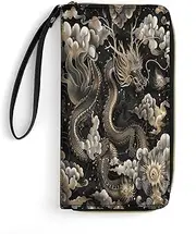 [BFGWK] Large Wallet Novelty Black Chinese Printing Long Wallet With Zipper Leather Wallet Suitable For Both Men And Women, style, 19.7x10.5cm