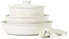(White 5 PCS) CAROTE Nonstick Cookware Sets, Non Stick Pots and Pans Set Detac