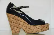 New Chanel Navy Blue Patent Leather CC Logo Quilted Cork Wedge Platform Shoes 42