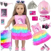 American Doll Clothes and Accessories Travel Suitcase Playset for American 18 Inch Girl Doll with Dolls Clothes, Backpack, Camera, Ipad, Phone, Sunglasses, Shoes, Gift for 3 to 7 Year Olds