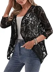 [eroVE] Women's Jackets Fashion Open Front Lace Jacket Jackets & Coats (Color : Black, Size : Large)