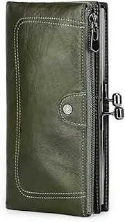 [CONTACTS] Contact's Kiss Lock Wallet for Women Leather Kiss Clasp Purse Checkbook RFID Bifold Card Holder Phone Wallet, Dark Green, Vintage