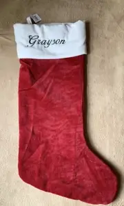 NWT Large Pottery Barn Classic Velvet Stocking-GRAYSON mono-Red w/ White Cuff